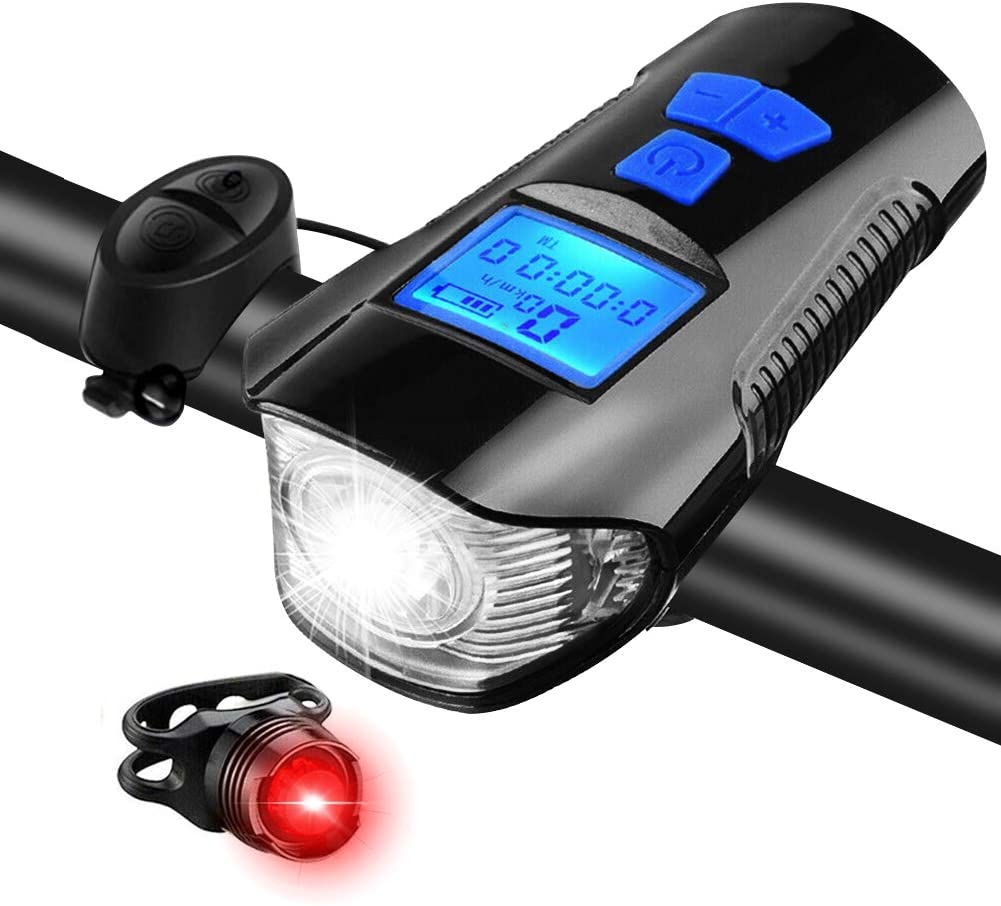 Hi-Max Rechargeable 350 Lumen Bicycle Light with Horn and Speedometer, plus 3V Rear Tail Light