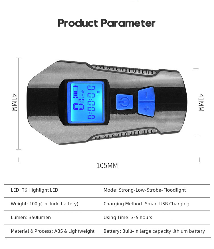 Hi-Max Rechargeable 350 Lumen Bicycle Light with Horn and Speedometer, plus 3V Rear Tail Light