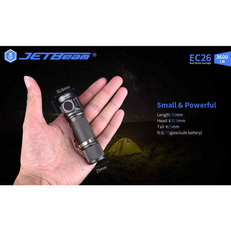 JETBeam EC26 Powerful 3600 Lumen Pocket Flashlight with Stepless Dimming 268 Metres Bright Nite