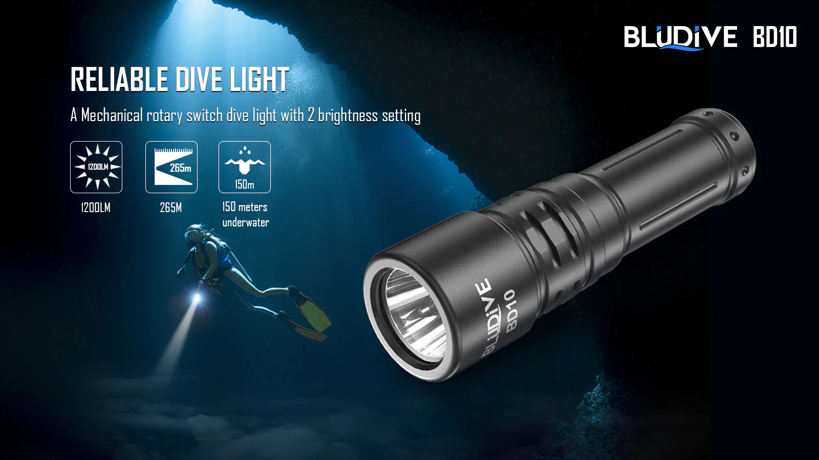 BluDive BD10 1200 Lumen Dive Torch with Rotary Switch - 265 Metres