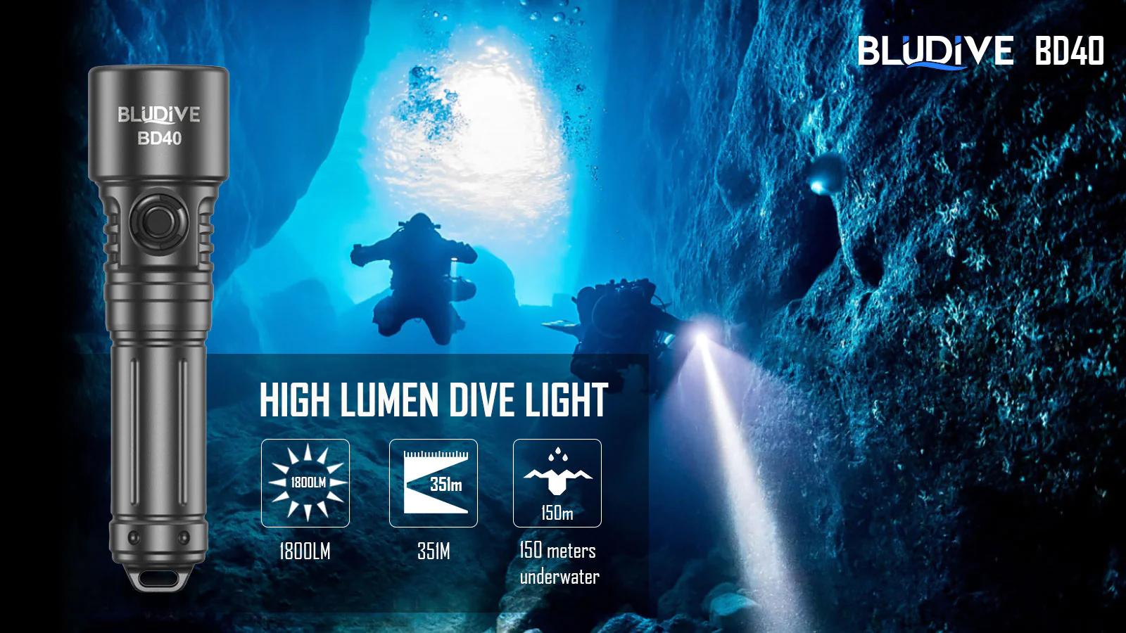 BluDive BD40 1800 Lumen Dive Torch with Strobe - 351 Metres