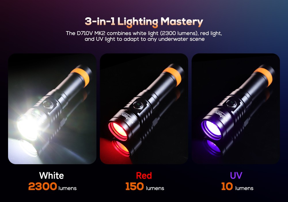 OrcaTorch D710V MK2 Video Dive Torch with White, Red and UV LEDs - Image 9