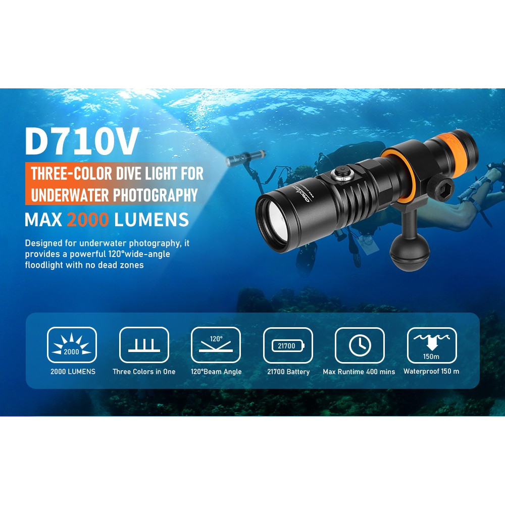 OrcaTorch D710V Video Dive Torch with White, Red and UV LEDs