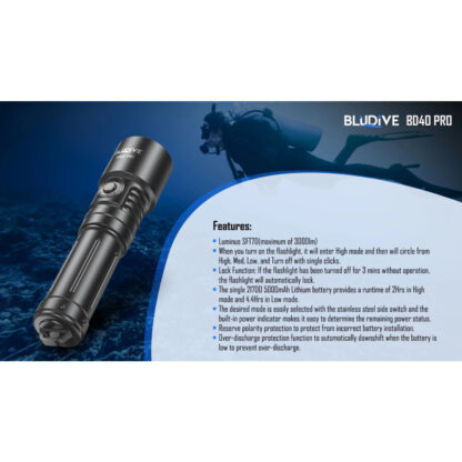 BluDive BD40 PRO Dive Torch - 3000 Lumen (150 Metres Diving Depth) - Image 3