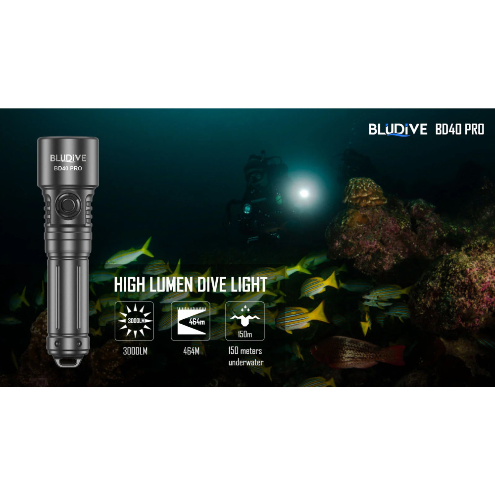 BluDive BD40 Pro 3000 Lumen Dive Torch - 464 Metres