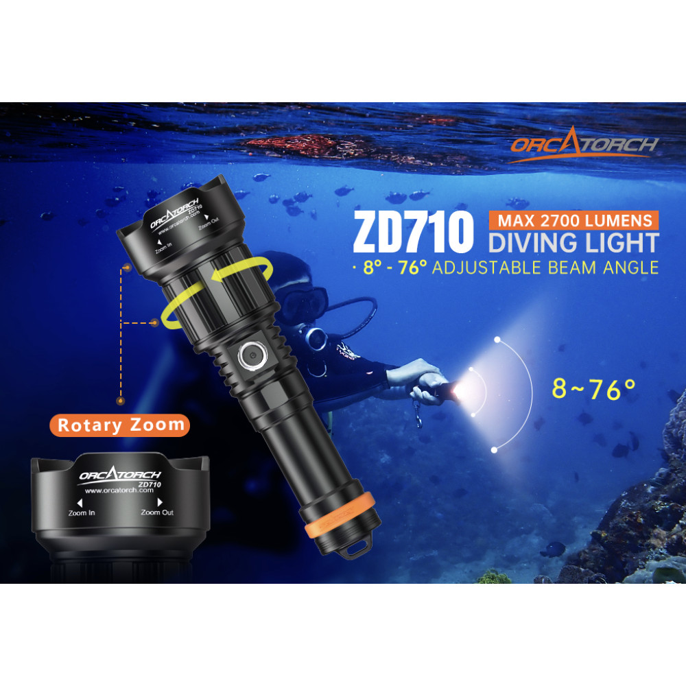 OrcaTorch ZD710 Zoomable 2700 Lumen Dive Torch - 150 Metres Diving Depth