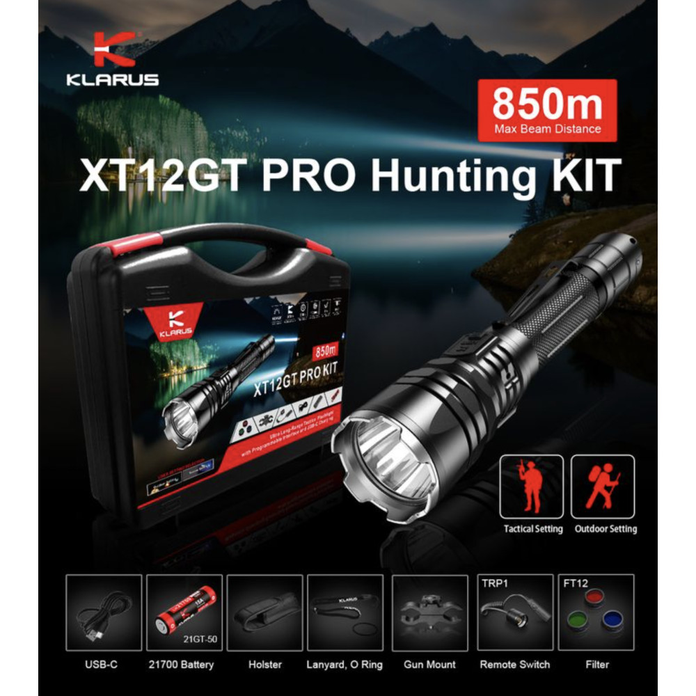 Klarus XT12GT Pro Kit - Rechargeable 1600 Lumen Hunting Torch Kit - 850 Metres