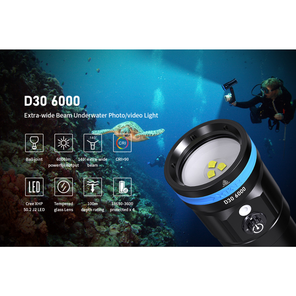 XTAR D30 6000 Extra Wide Angle Diving Photography Torch Kit - 6000 Lumens, High CRI