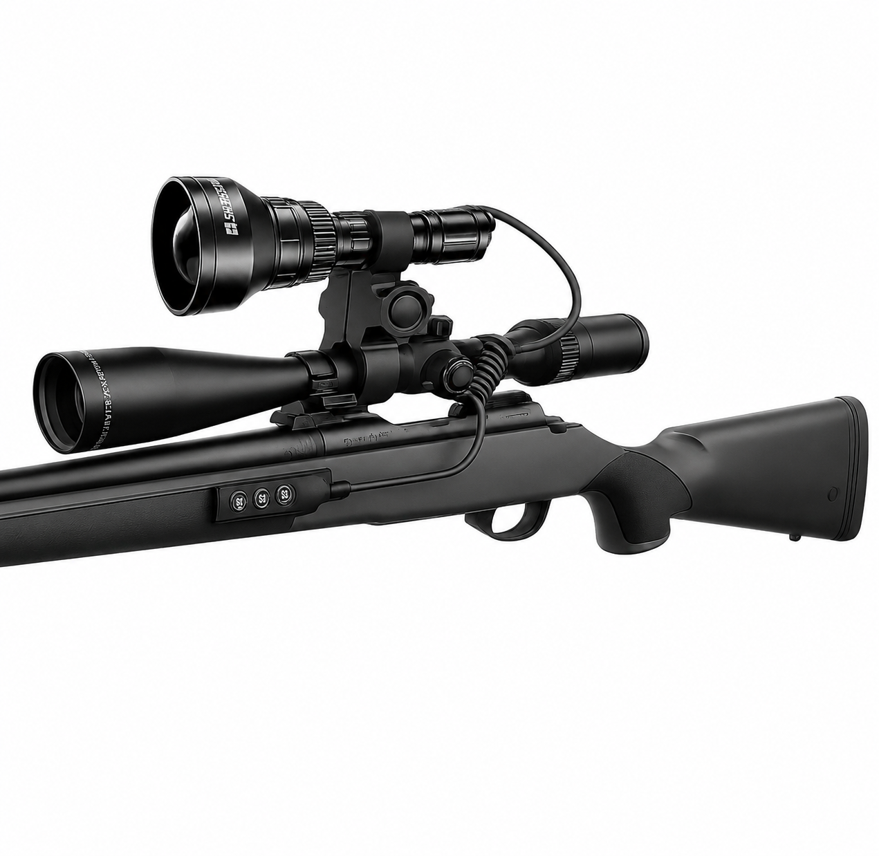 Black sniper rifle with a large scope mounted on a white background.