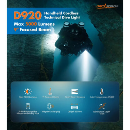 OrcaTorch D920 Cordless Primary Dive Torch - 5000 Lumens, 424 Metres - Image 12