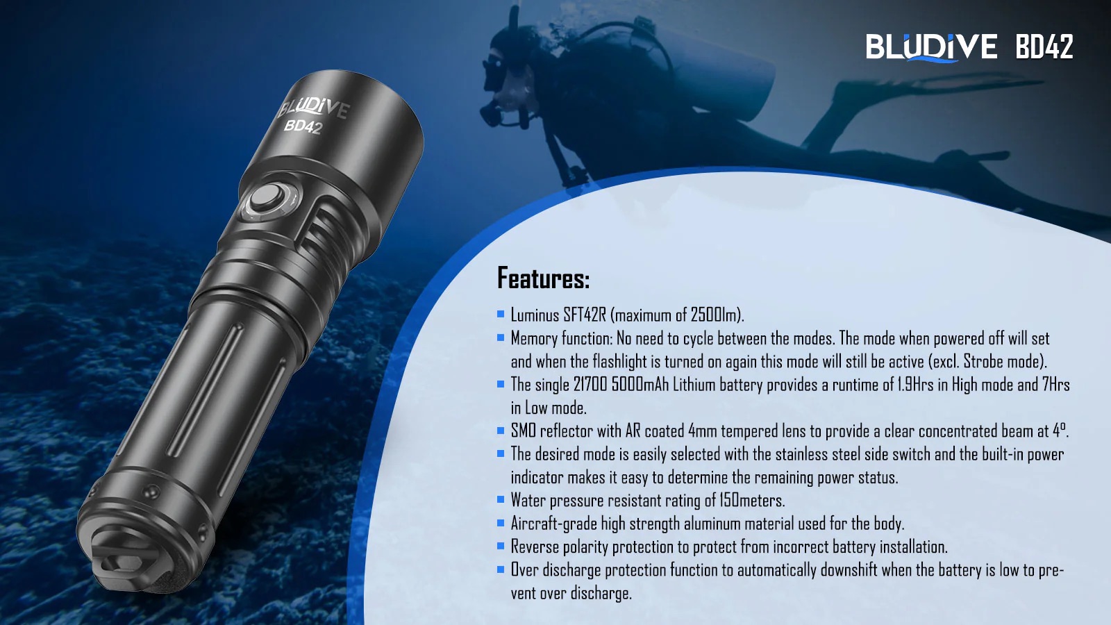 BluDive BD42 Rechargeable Dive Torch – 2700 Lumens, 150m Diving Depth - Image 7