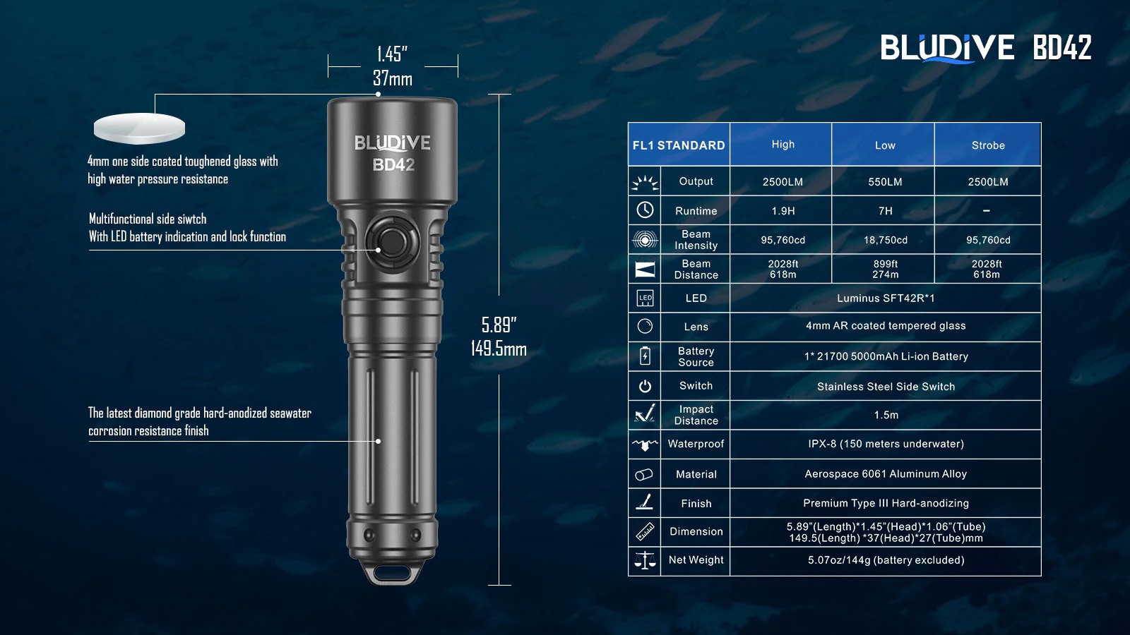 BluDive BD42 Rechargeable Dive Torch – 2700 Lumens, 150m Diving Depth - Image 11