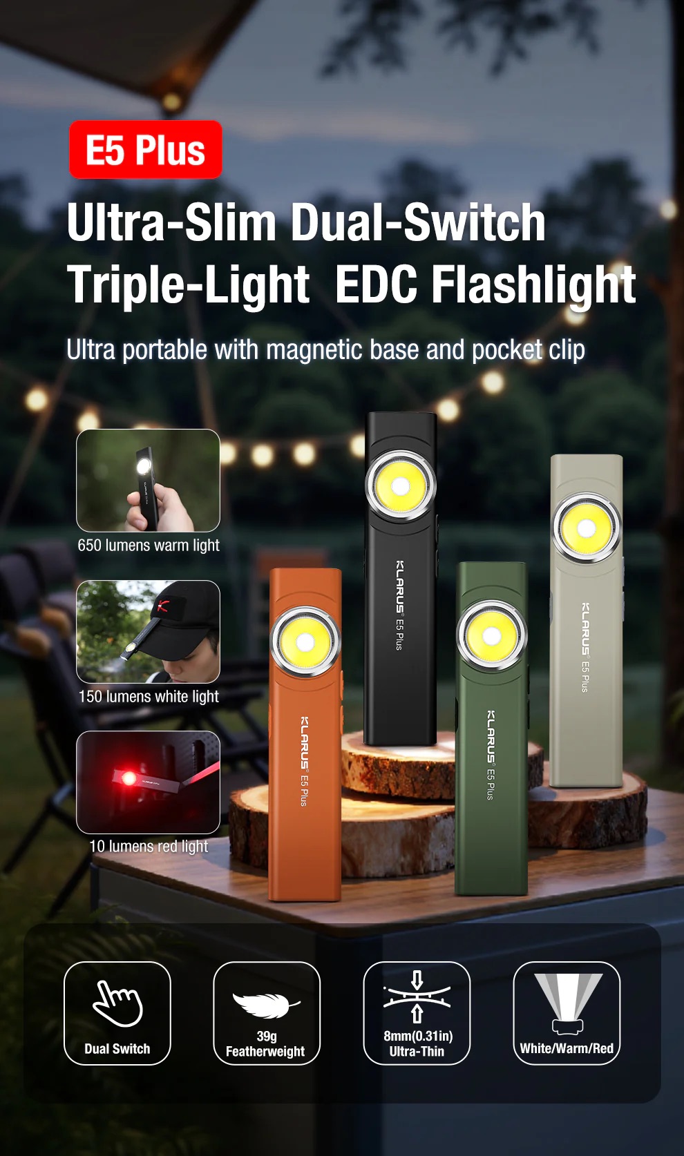 Klarus E5 Plus Rechargeable EDC Light with Magnetic Base – 650 Lumens (Green)