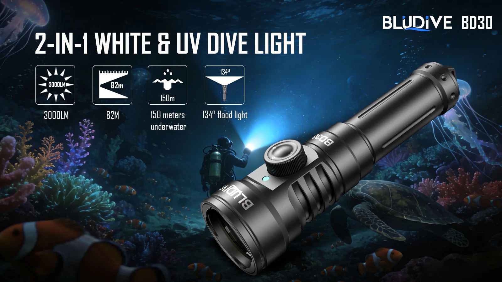 BluDive BD30 3000 Lumen Dive Light – 134° Wide Beam Scuba Video Torch, USB-C 21700 Rechargeable, Dual White & UV, 150m Waterproof - Image 8