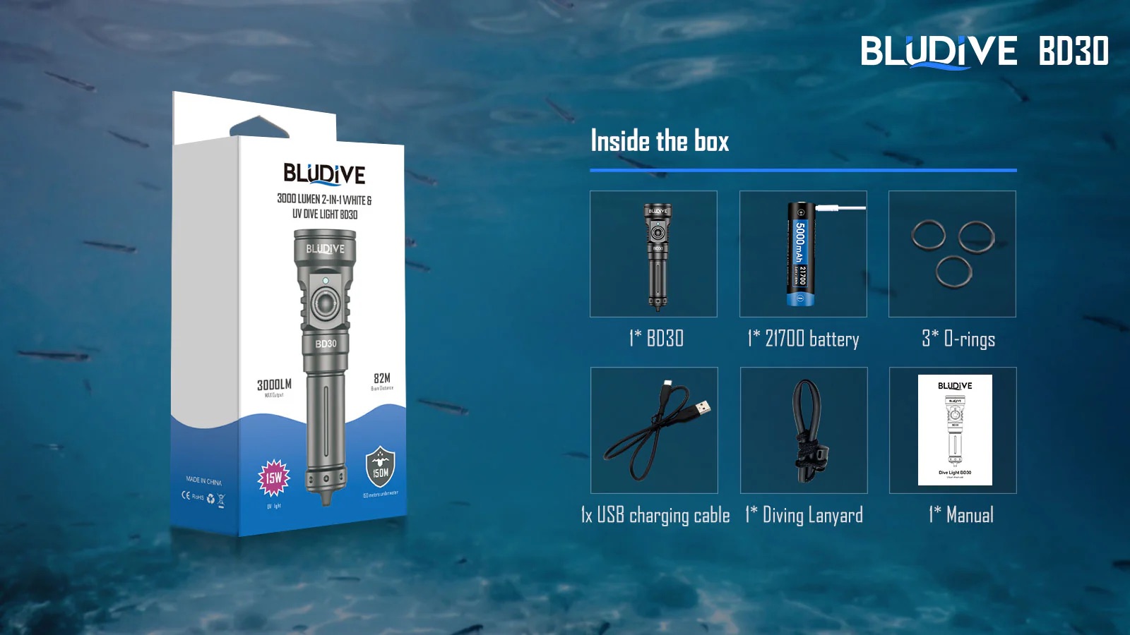 BluDive BD30 3000 Lumen Dive Light – 134° Wide Beam Scuba Video Torch, USB-C 21700 Rechargeable, Dual White & UV, 150m Waterproof - Image 17