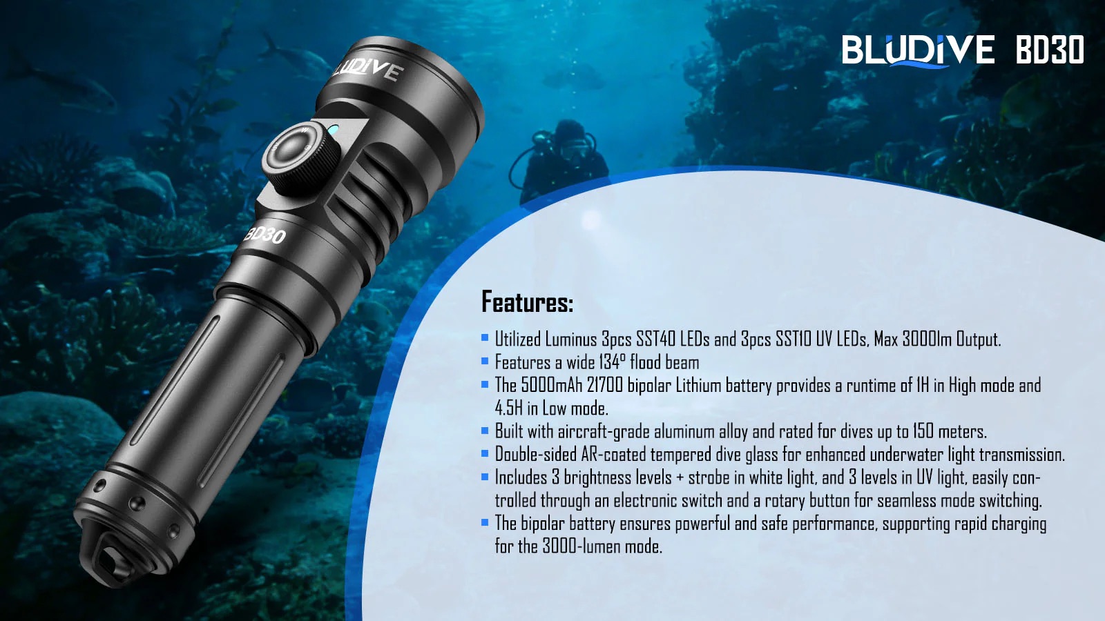 BluDive BD30 3000 Lumen Dive Light – 134° Wide Beam Scuba Video Torch, USB-C 21700 Rechargeable, Dual White & UV, 150m Waterproof - Image 15