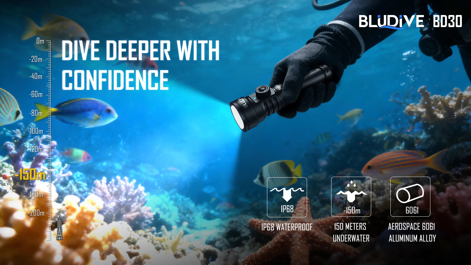 BluDive BD30 3000 Lumen Dive Light – 134° Wide Beam Scuba Video Torch, USB-C 21700 Rechargeable, Dual White & UV, 150m Waterproof - Image 12
