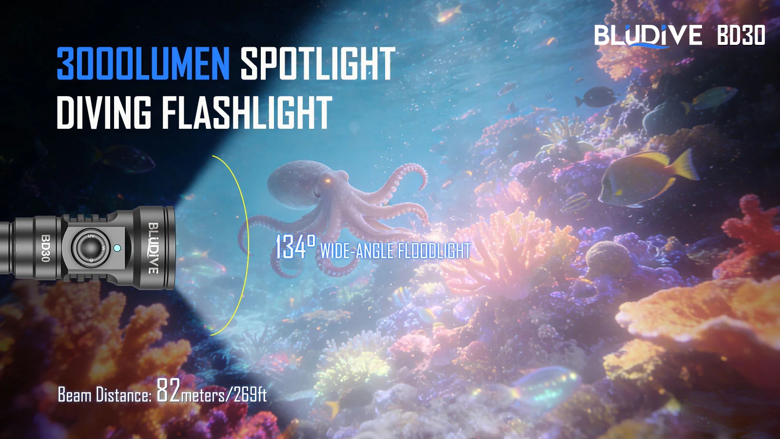 BluDive BD30 3000 Lumen Dive Light – 134° Wide Beam Scuba Video Torch, USB-C 21700 Rechargeable, Dual White & UV, 150m Waterproof - Image 10
