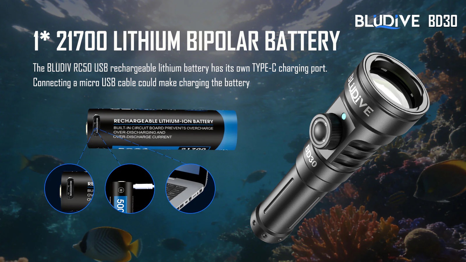 BluDive BD30 3000 Lumen Dive Light – 134° Wide Beam Scuba Video Torch, USB-C 21700 Rechargeable, Dual White & UV, 150m Waterproof - Image 14
