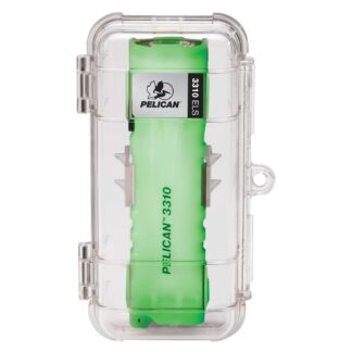 Green Pelican 3310 flashlight secured in a clear protective case.