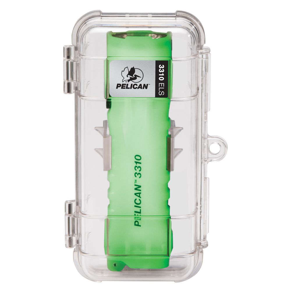 Green Pelican 3310 flashlight secured in a clear protective case.