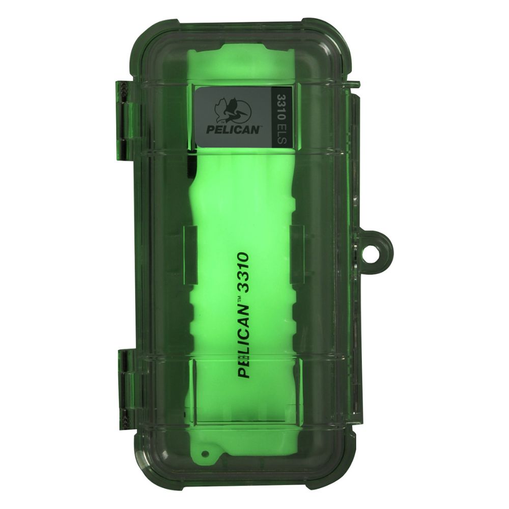Neon-green Pelican 3310 ELS battery secured inside a clear waterproof case.