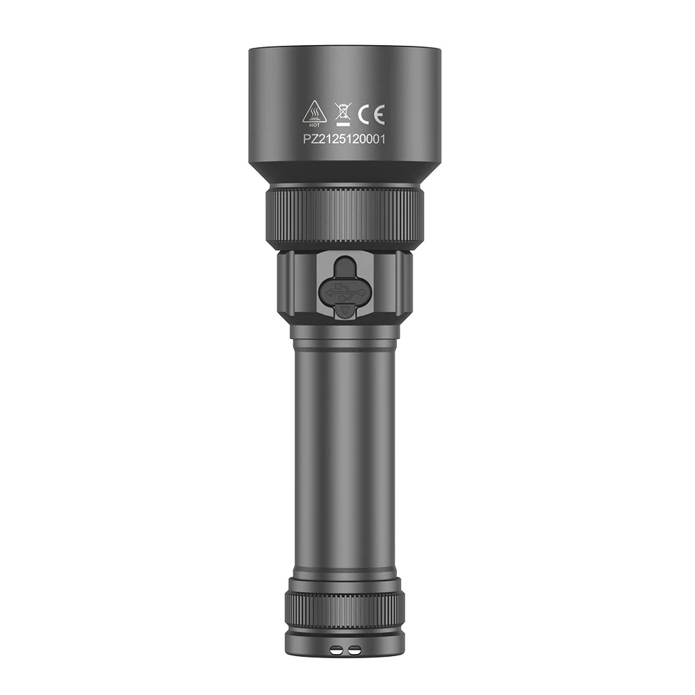 Compact tactical flashlight with a knurled focus ring and mounting bracket, shown in a vertical orientation.