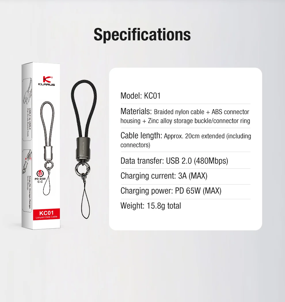 Klarus KC01 Braided USB-C to USB-C Lanyard Cable - 65W Fast Charging & Data - Image 12